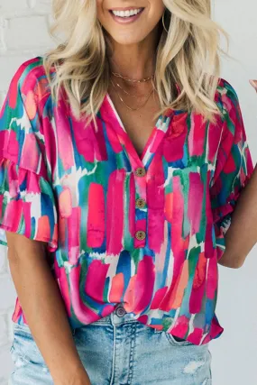 Brushstroke Print Bell Sleeve V Neck Buttoned Blouse