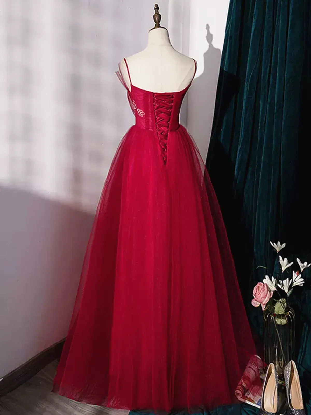 Burgundy Layered Tulle Long Prom Dresses, Wine Red Long Formal Evening Dresses