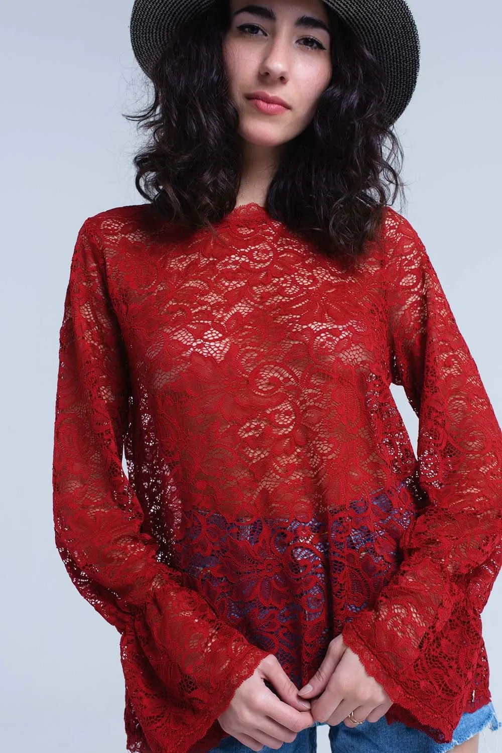 Burgundy sheer lace top with bell sleeves