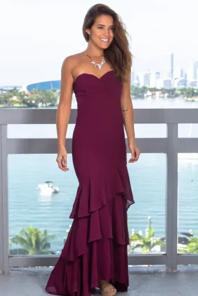 Burgundy Strapless Maxi Dress with Ruffled Hem