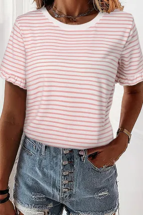 Casual Striped Ruffle Sleeve Short Sleeve T-Shirt