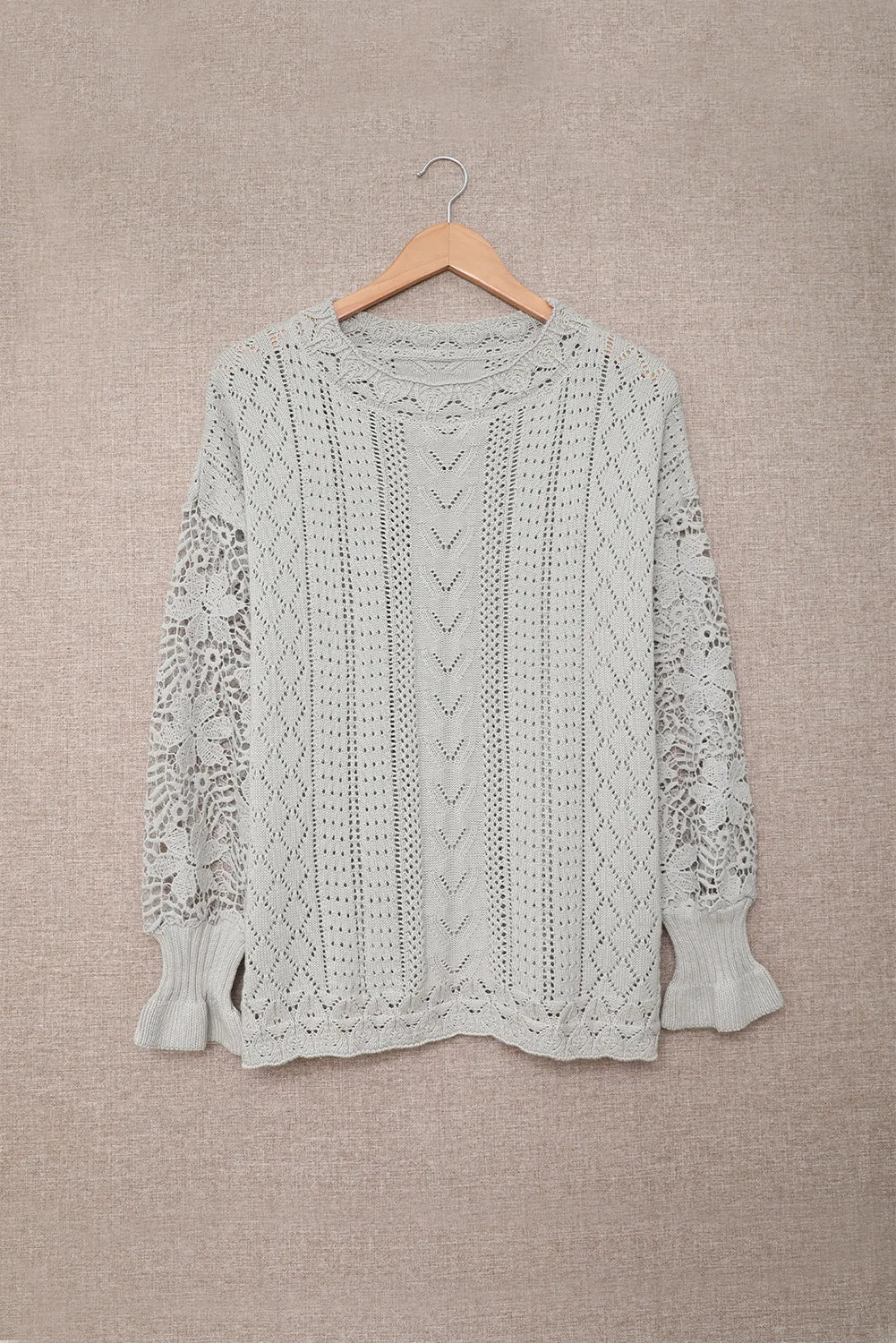 Chic Gray Crochet Lace Pointelle Knit Sweater