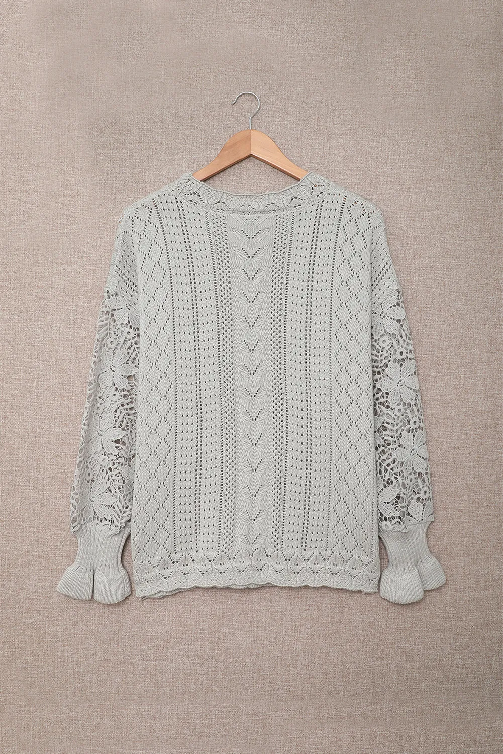 Chic Gray Crochet Lace Pointelle Knit Sweater