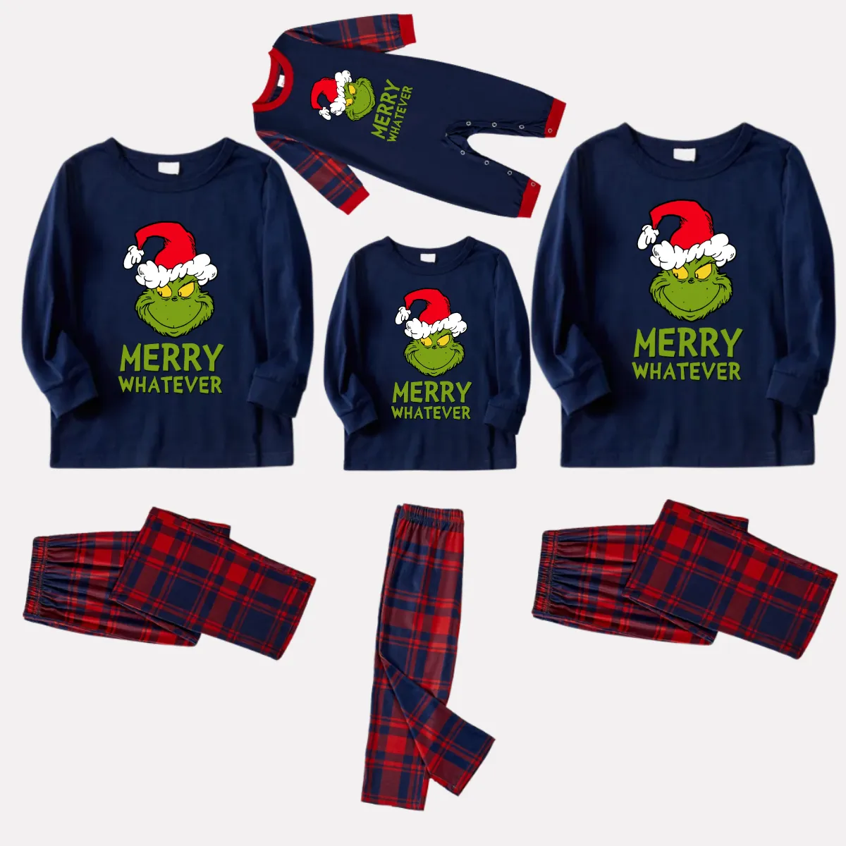 Christmas Letter Print and Cartoon Pattern Blue Long Sleeve Top with Red & Blue Plaid Family Matching Pajamas