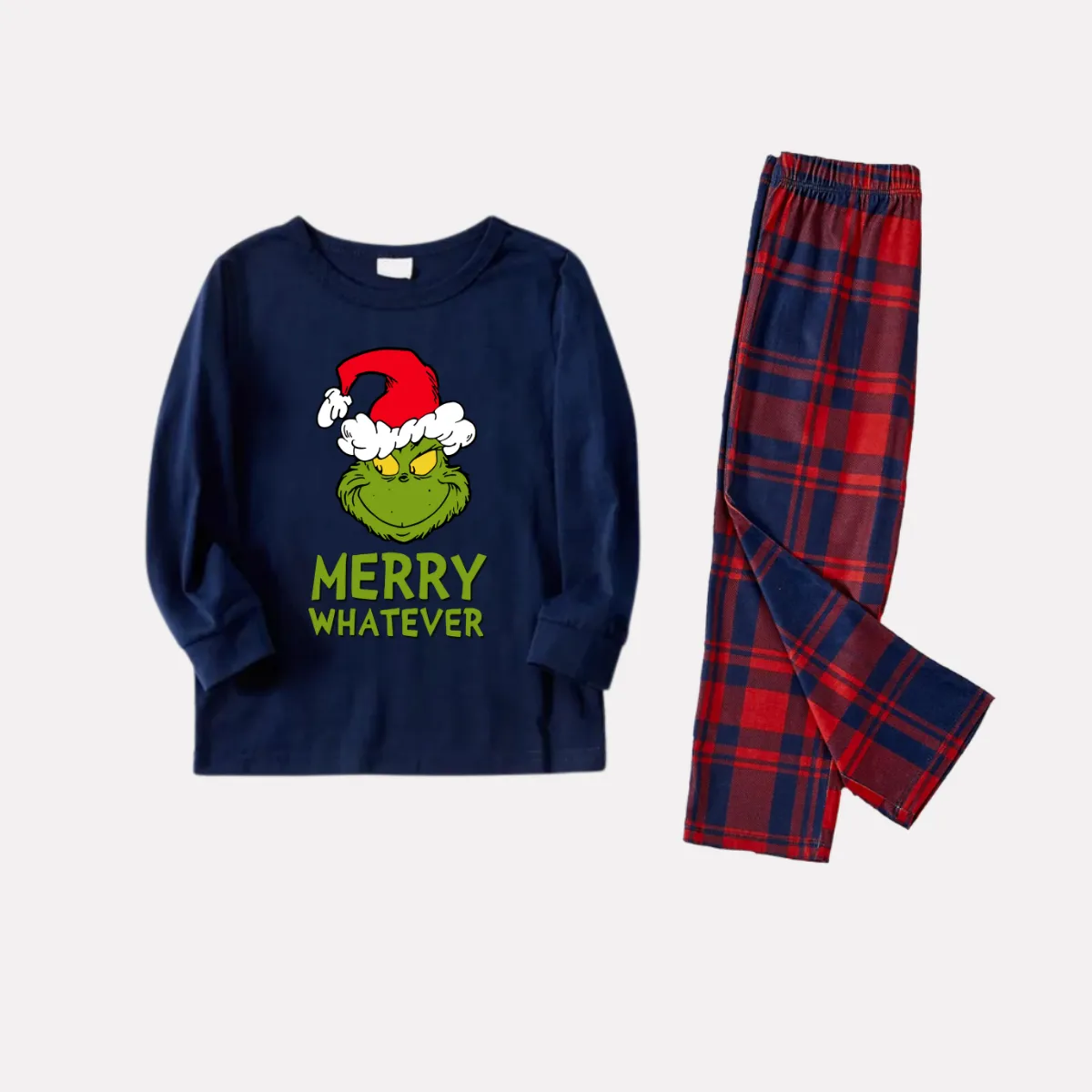 Christmas Letter Print and Cartoon Pattern Blue Long Sleeve Top with Red & Blue Plaid Family Matching Pajamas