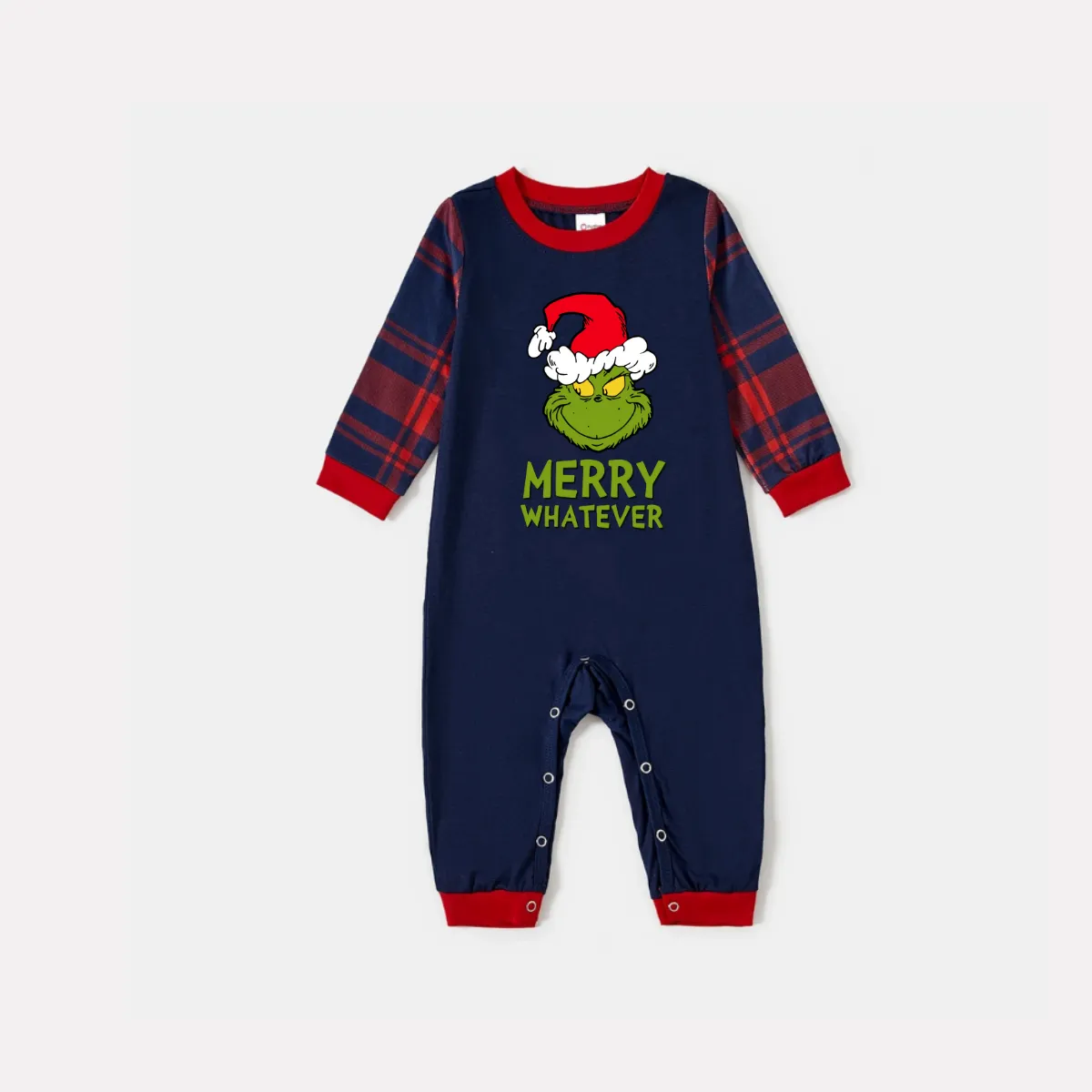 Christmas Letter Print and Cartoon Pattern Blue Long Sleeve Top with Red & Blue Plaid Family Matching Pajamas