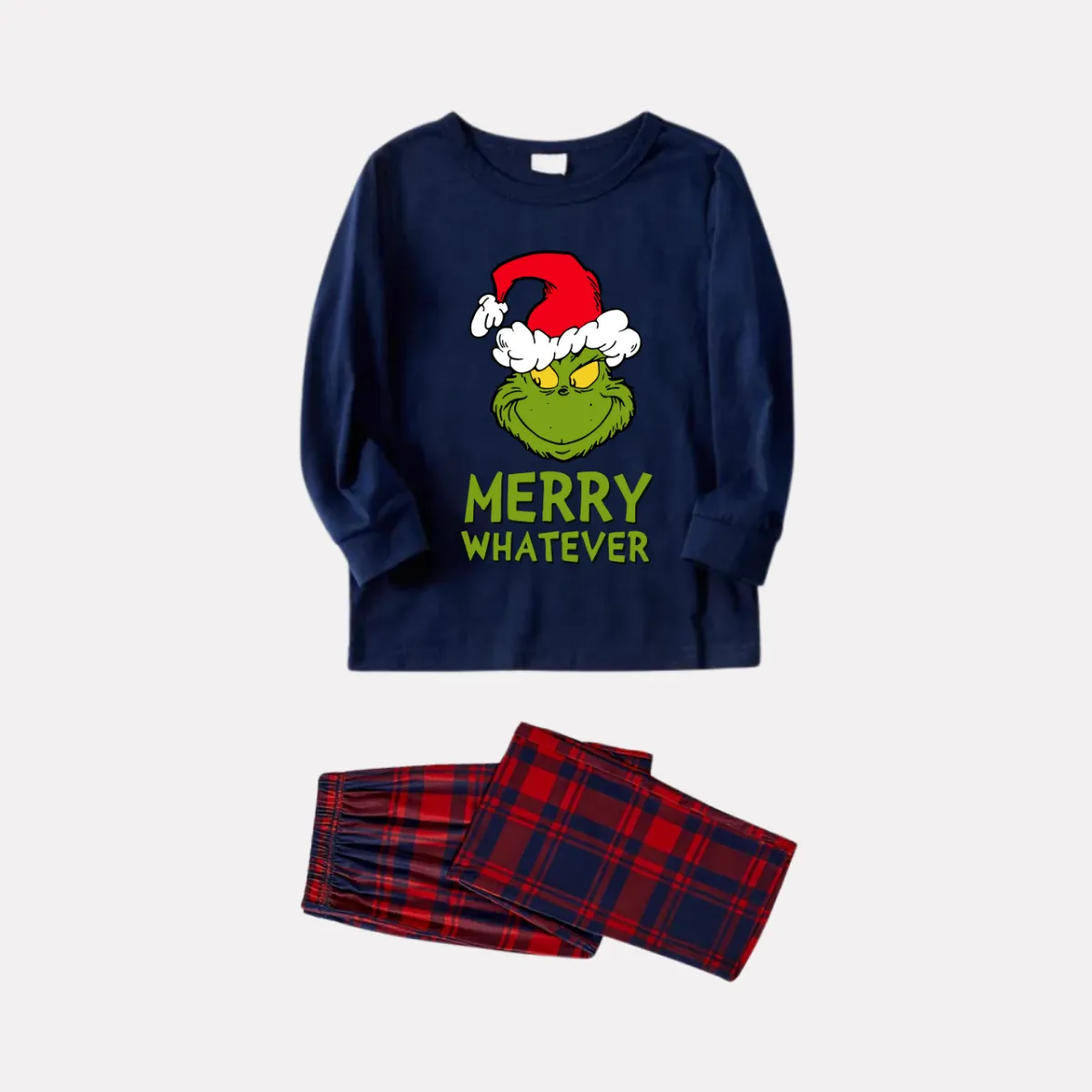 Christmas Letter Print and Cartoon Pattern Blue Long Sleeve Top with Red & Blue Plaid Family Matching Pajamas