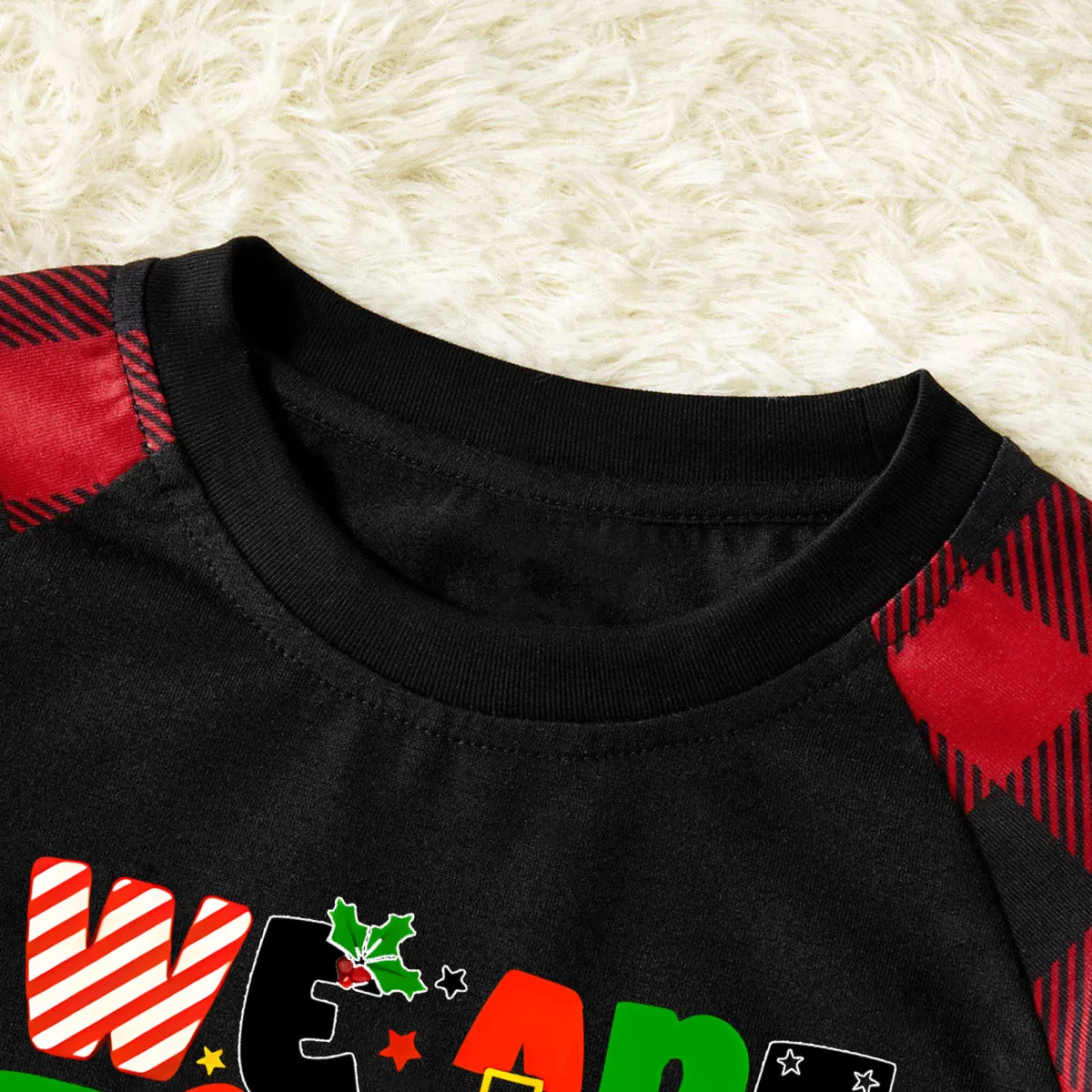 Christmas "We are Family" Colorful Multi-Element Letter Prints Black & Red Plaid Family Matching Black Pajamas