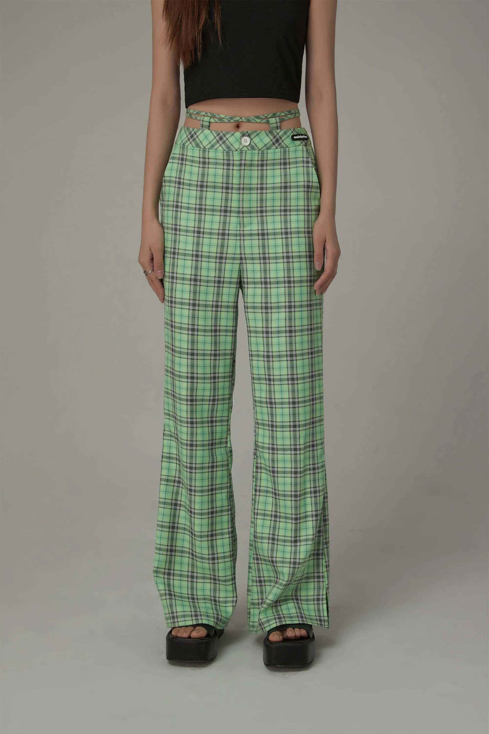 Color Checked Tie Waist Bootcut Pants