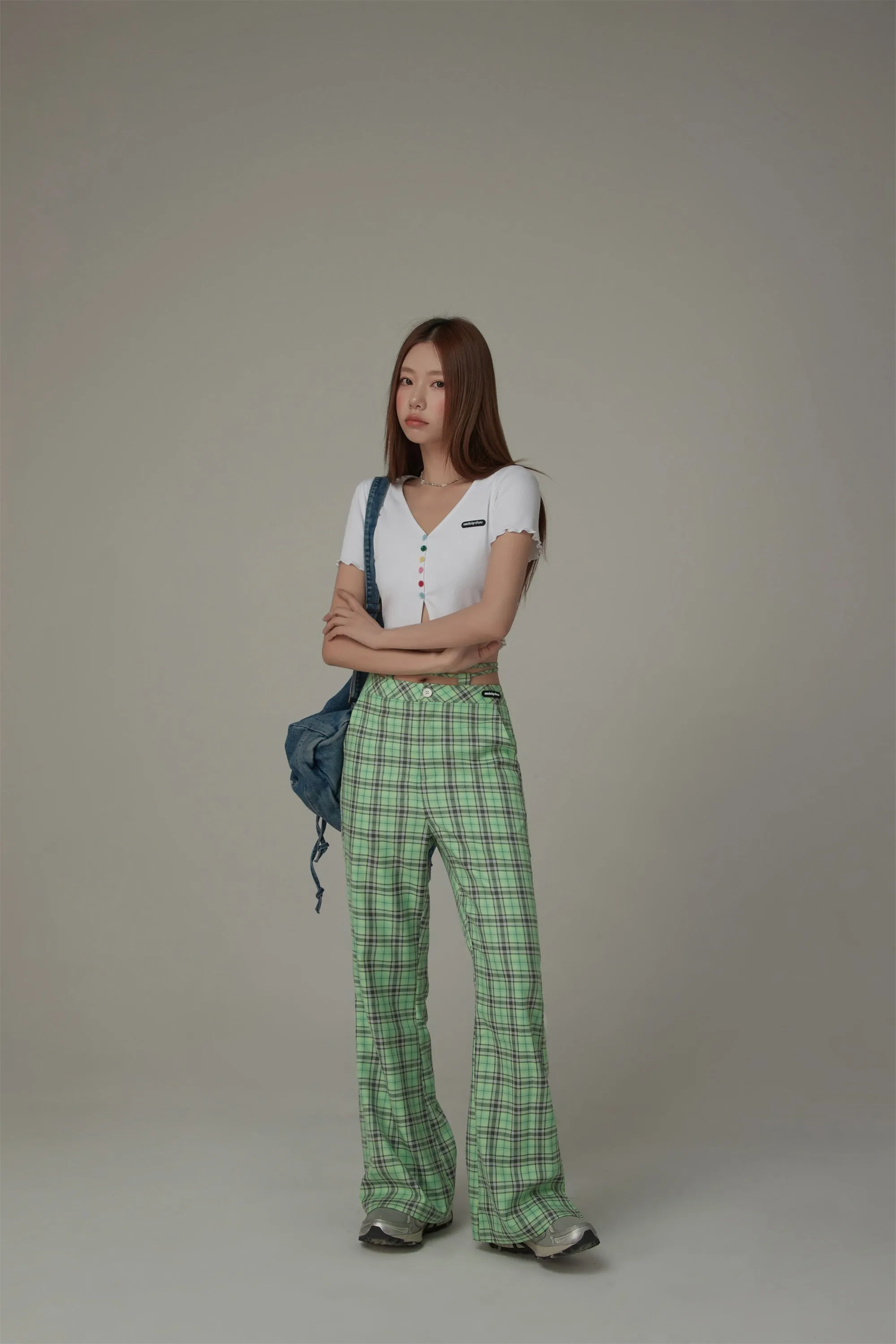 Color Checked Tie Waist Bootcut Pants