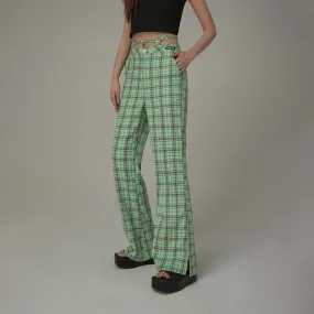 Color Checked Tie Waist Bootcut Pants