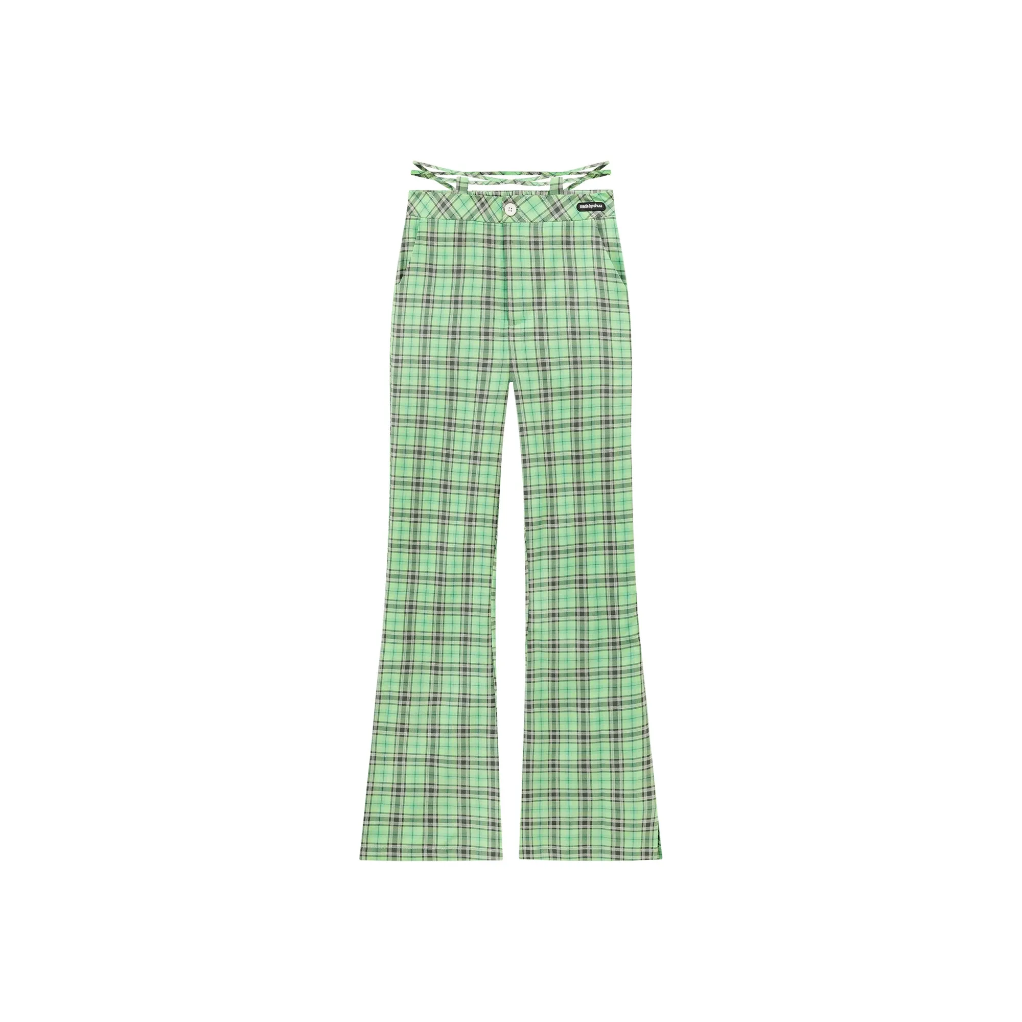 Color Checked Tie Waist Bootcut Pants