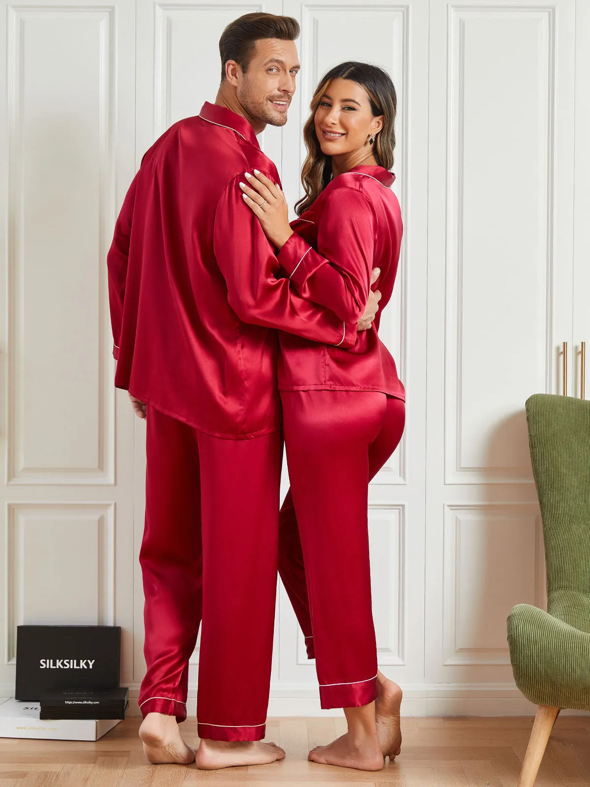 Couple Pure Silk Long Pajama Sets Total 4Pcs