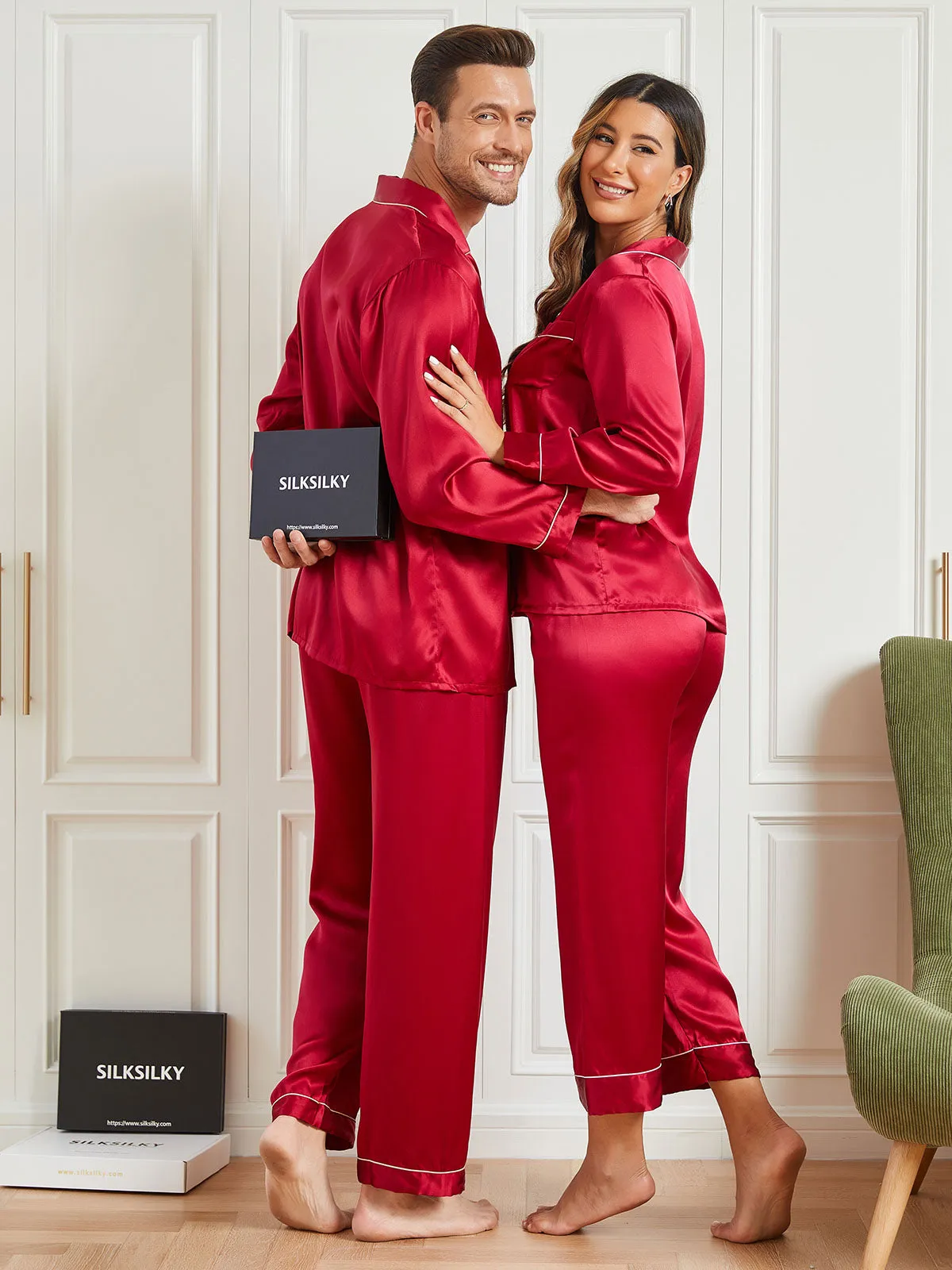 Couple Pure Silk Long Pajama Sets Total 4Pcs