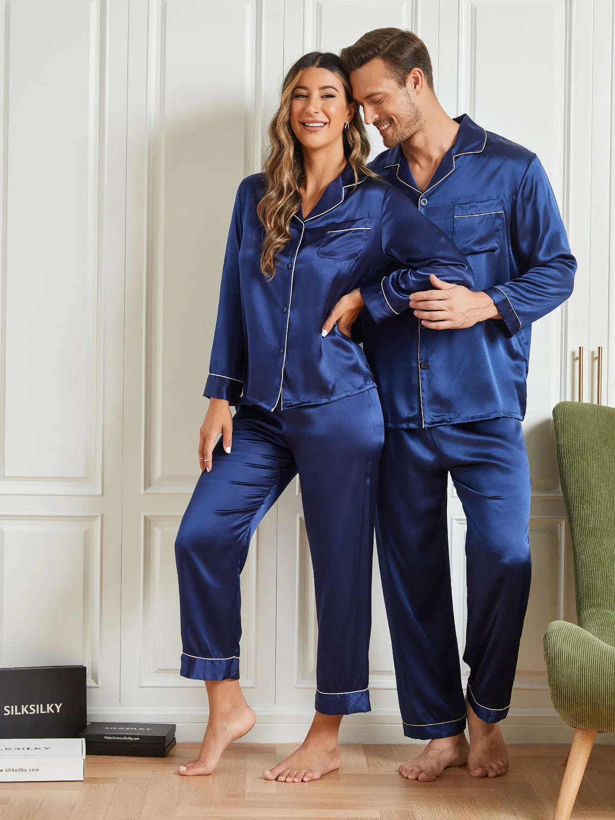 Couple Pure Silk Long Pajama Sets Total 4Pcs