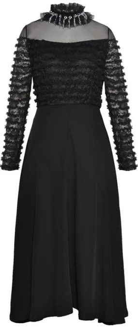 Crystal-Embellished Collar Ruffled Mesh Midi Dress