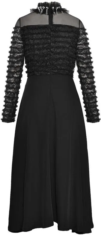 Crystal-Embellished Collar Ruffled Mesh Midi Dress