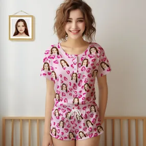 Custom Face Pajamas Women Blue Short Pajama Set Gift Pink Heart