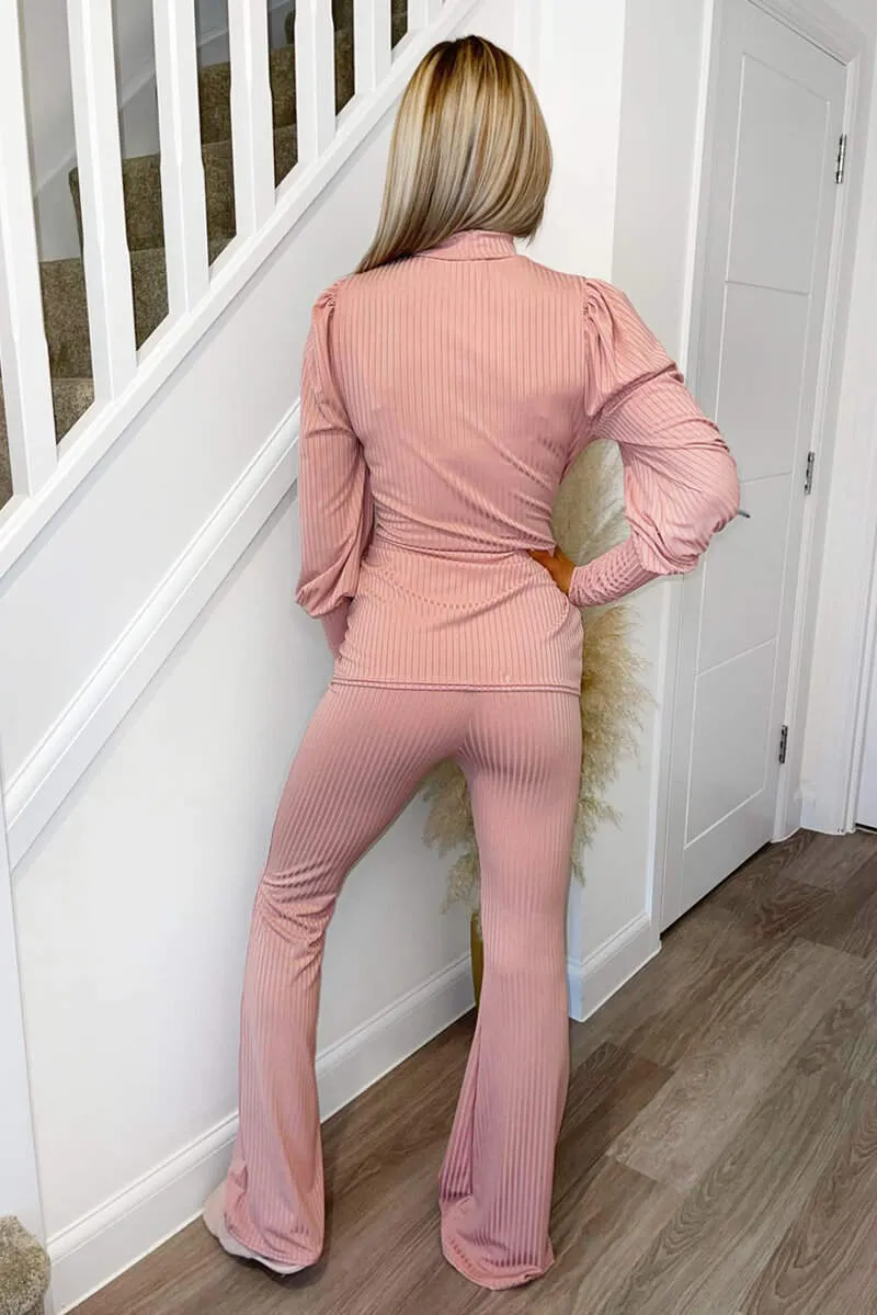 Dusty Pink Ribbed Tie Waist Lounge Set