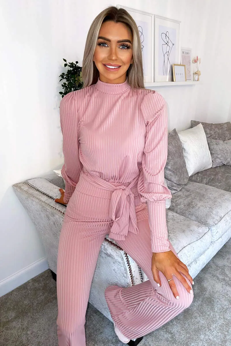 Dusty Pink Ribbed Tie Waist Lounge Set