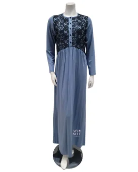 Ellwi Black Lace Front Steel Blue Button Down Cotton Nightgown