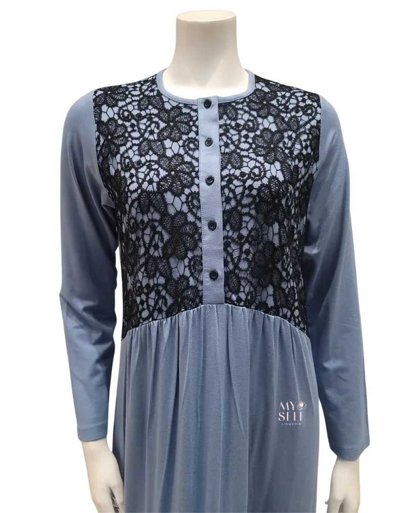 Ellwi Black Lace Front Steel Blue Button Down Cotton Nightgown