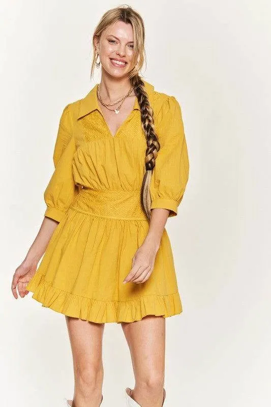 Eyelet detail 3/4 sleeve short dress