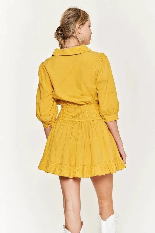 Eyelet detail 3/4 sleeve short dress