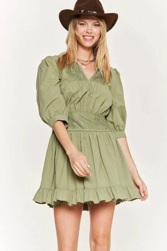 Eyelet detail 3/4 sleeve short dress