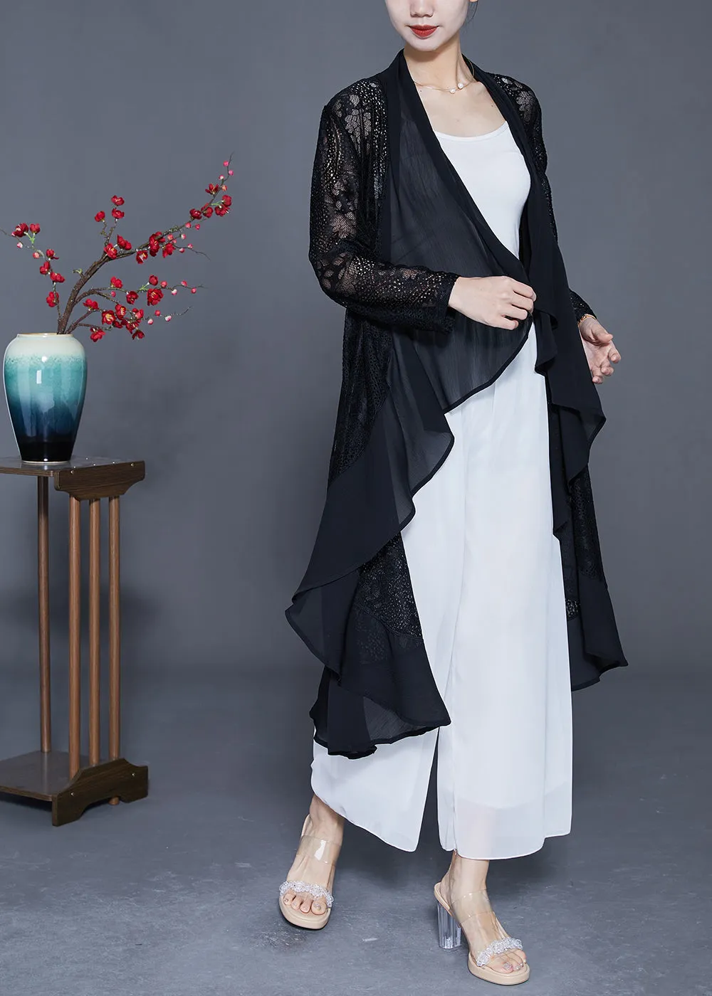 Fine Black Ruffles Patchwork Hollow Out Lace Cardigans Summer LY4169