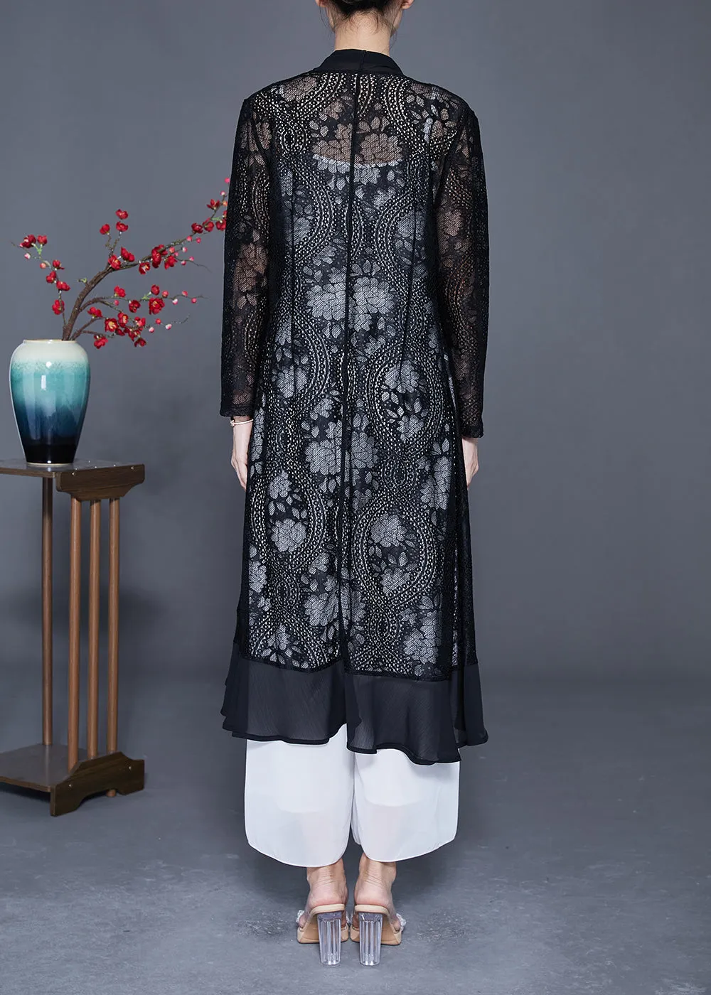 Fine Black Ruffles Patchwork Hollow Out Lace Cardigans Summer LY4169