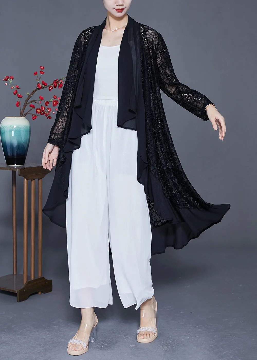 Fine Black Ruffles Patchwork Hollow Out Lace Cardigans Summer LY4169