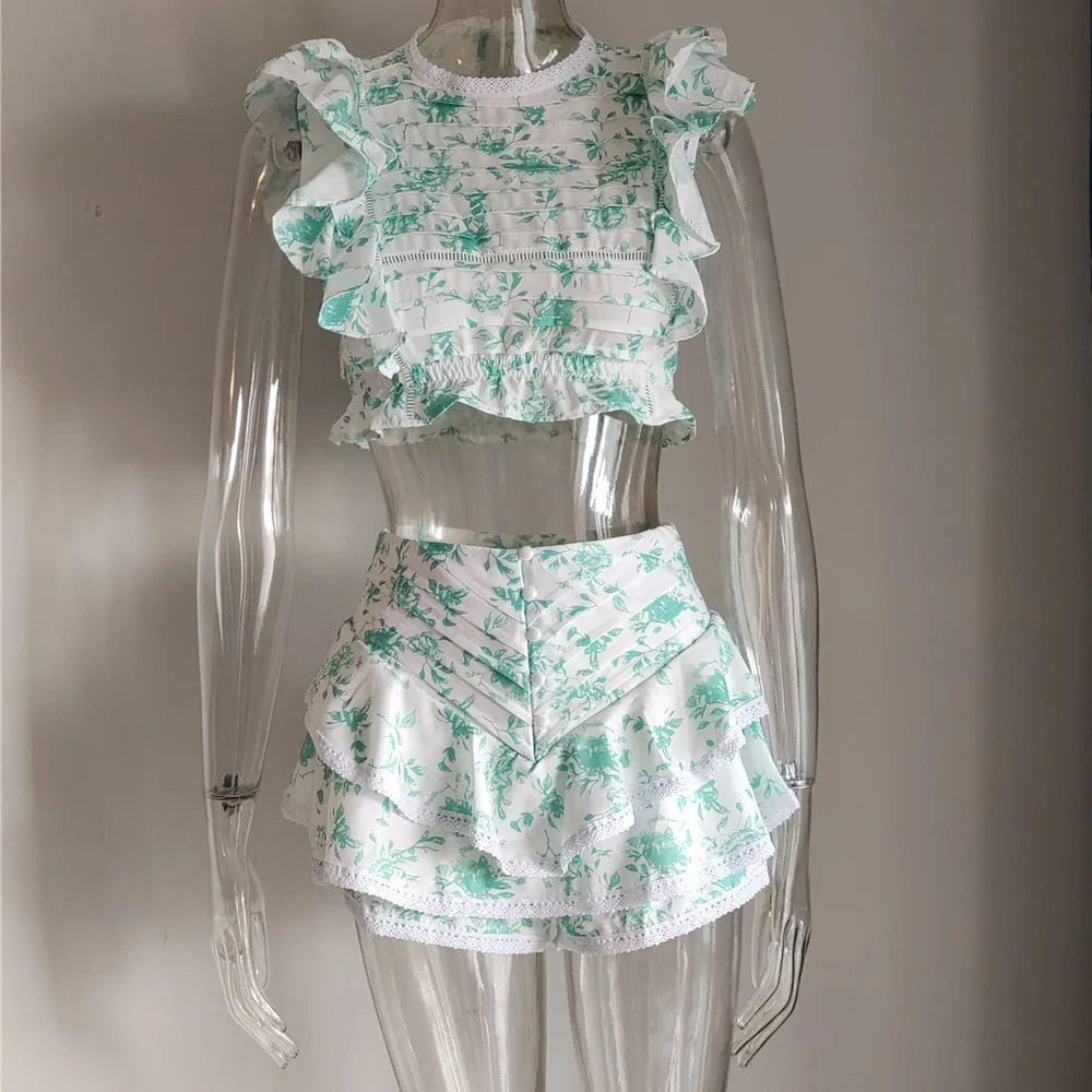 Floral Lace Ruffled Crop Top and Mini Skirt Set