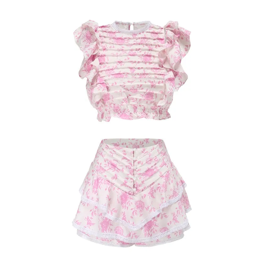 Floral Lace Ruffled Crop Top and Mini Skirt Set