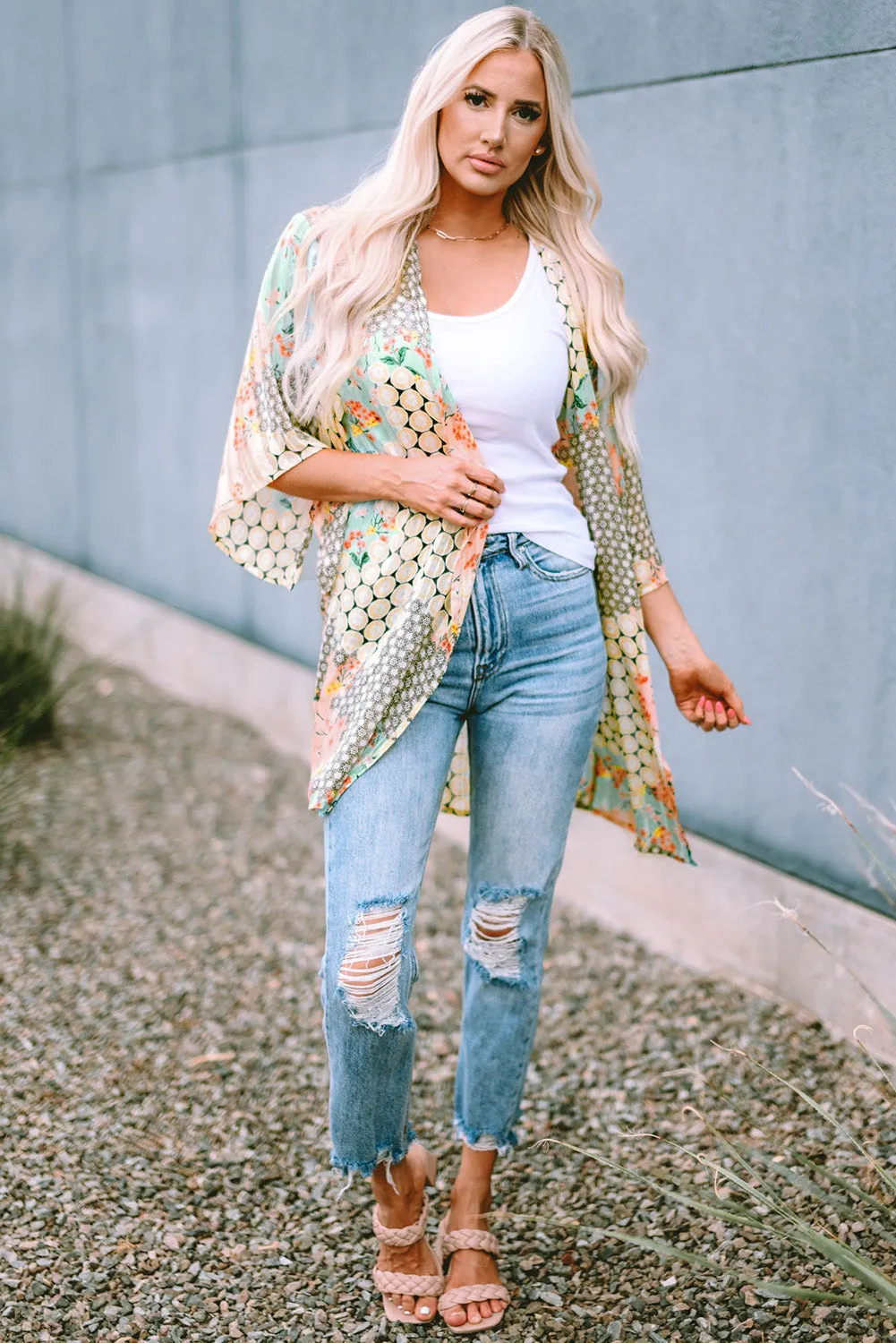 Floral Open Sheer Shimmer Kimono