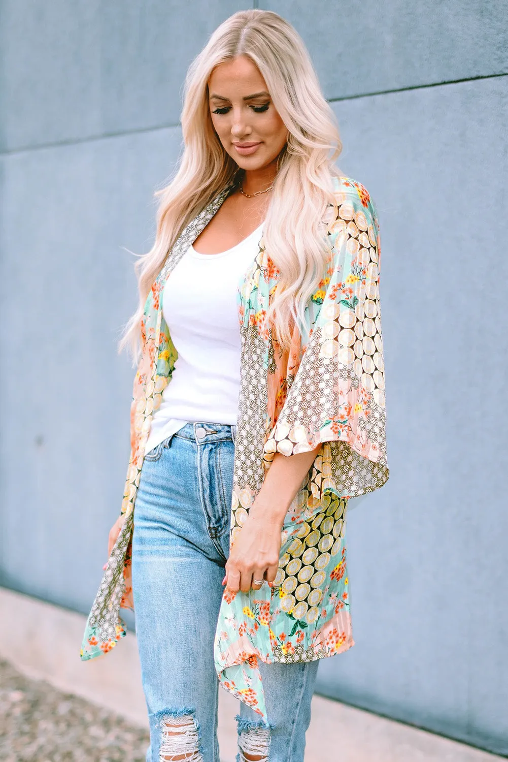 Floral Open Sheer Shimmer Kimono