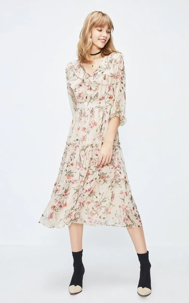 Floral Ruffled Cinched Waist Chiffon Dress