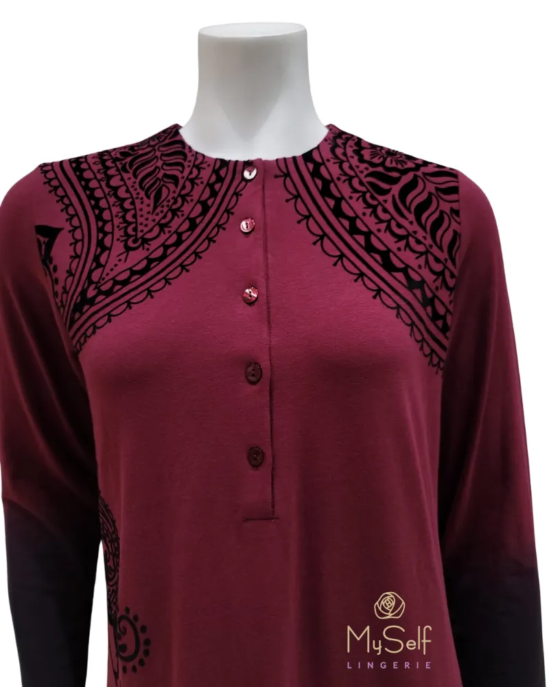 FW21N07A Flocked Paisley Burgundy Button Down Cotton Nightgown