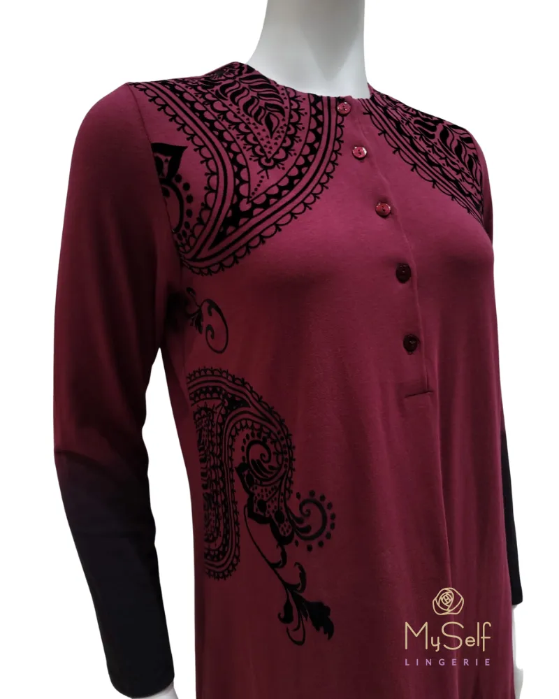 FW21N07A Flocked Paisley Burgundy Button Down Cotton Nightgown