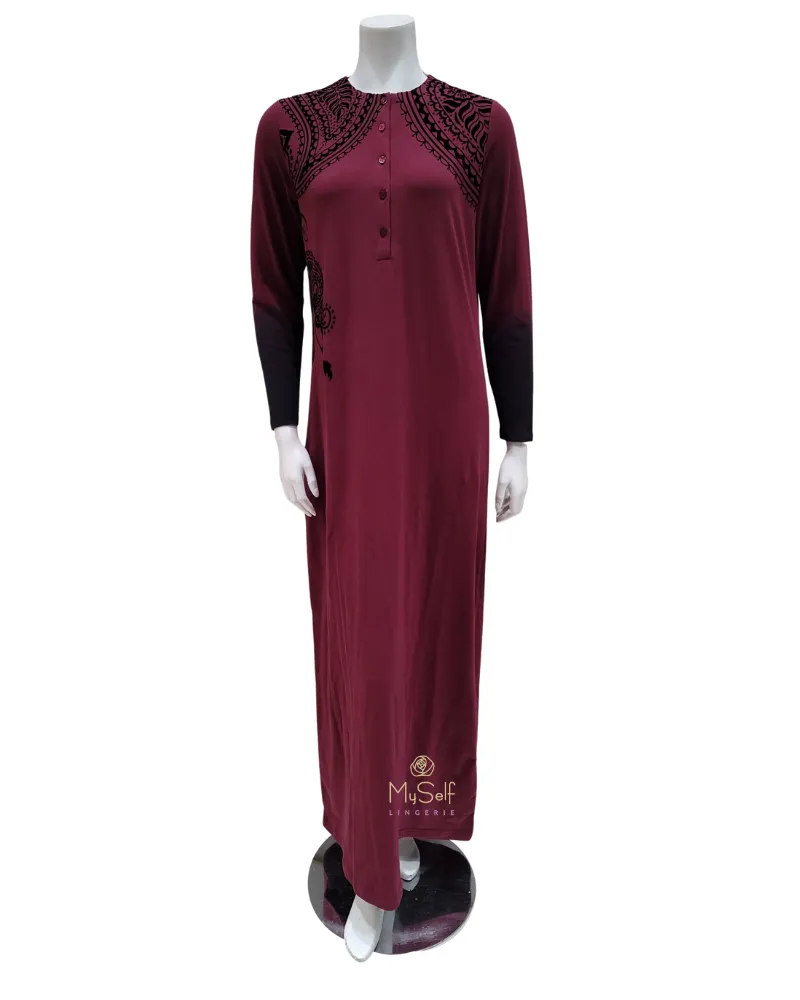 FW21N07A Flocked Paisley Burgundy Button Down Cotton Nightgown