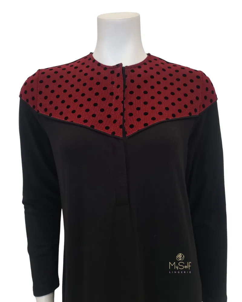 FW21N10A Black Polka Dot Button Down Cotton Nightgown