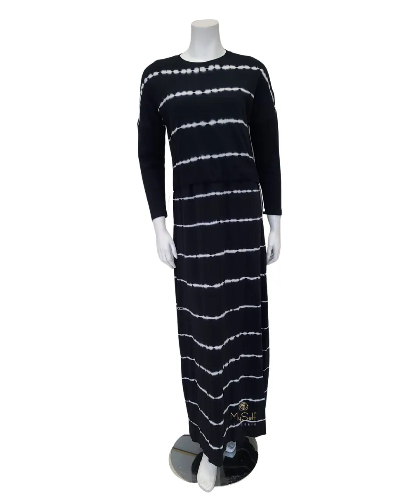 FW21N12B Black Tie Dye Rib Sleeved Cotton Nursing Nightgown