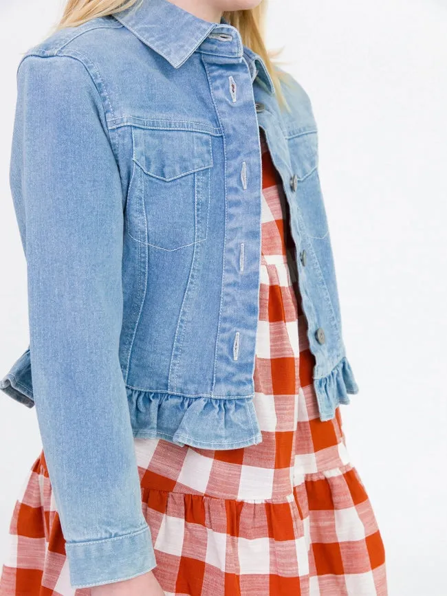 Girls Light Wash Ruffle Denim Jacket