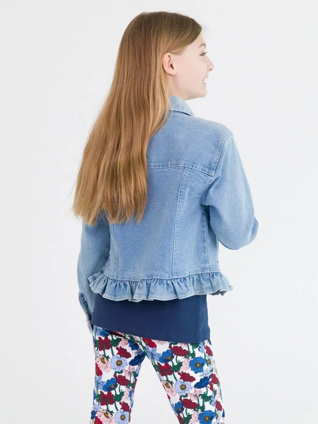 Girls Light Wash Ruffle Denim Jacket