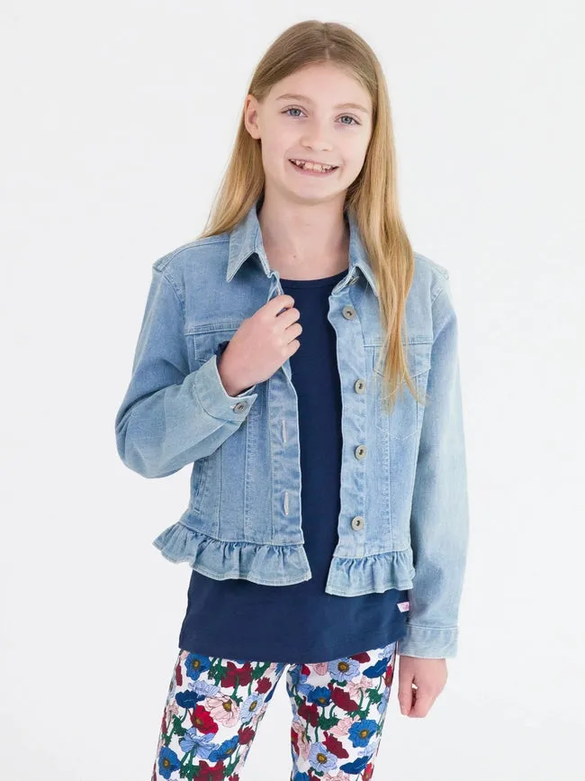 Girls Light Wash Ruffle Denim Jacket