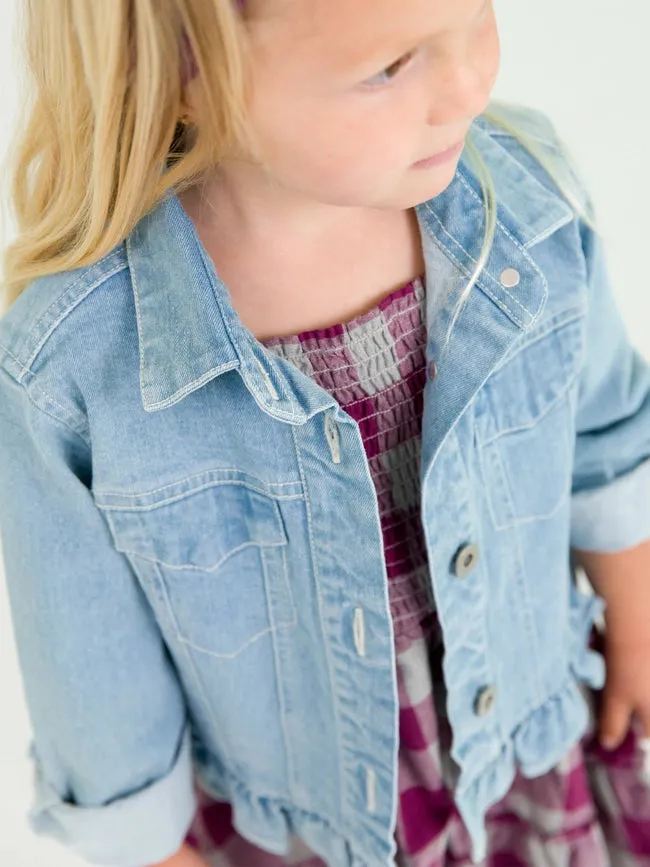 Girls Light Wash Ruffle Denim Jacket