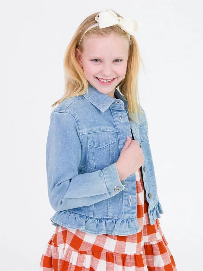 Girls Light Wash Ruffle Denim Jacket