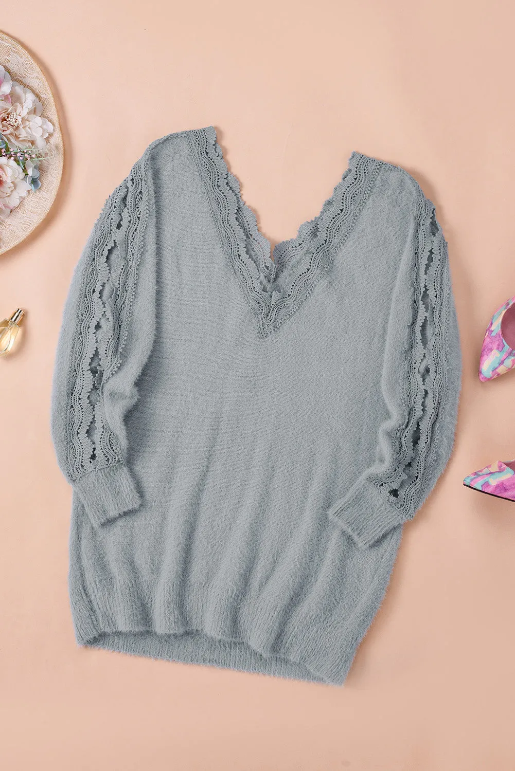 Gray Lace Splicing Sweater