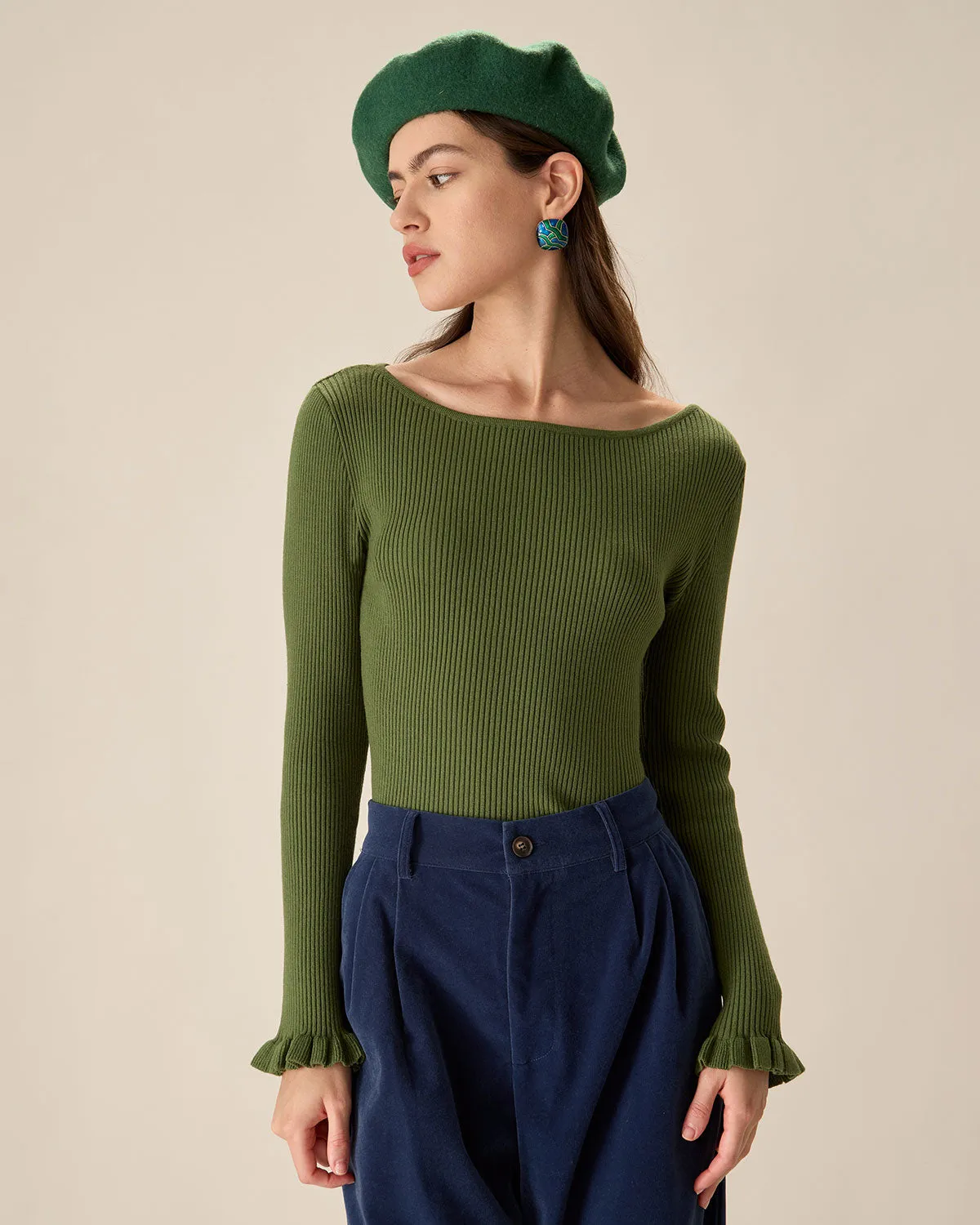 Green Boat Neck Ruffle Slim Tee