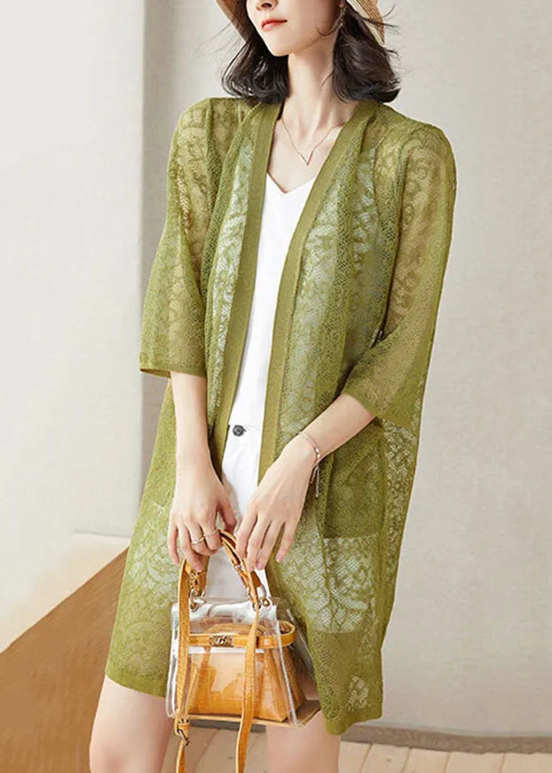 Green Pockets Patchwork Lace Cardigan V Neck Hollow Out Summer